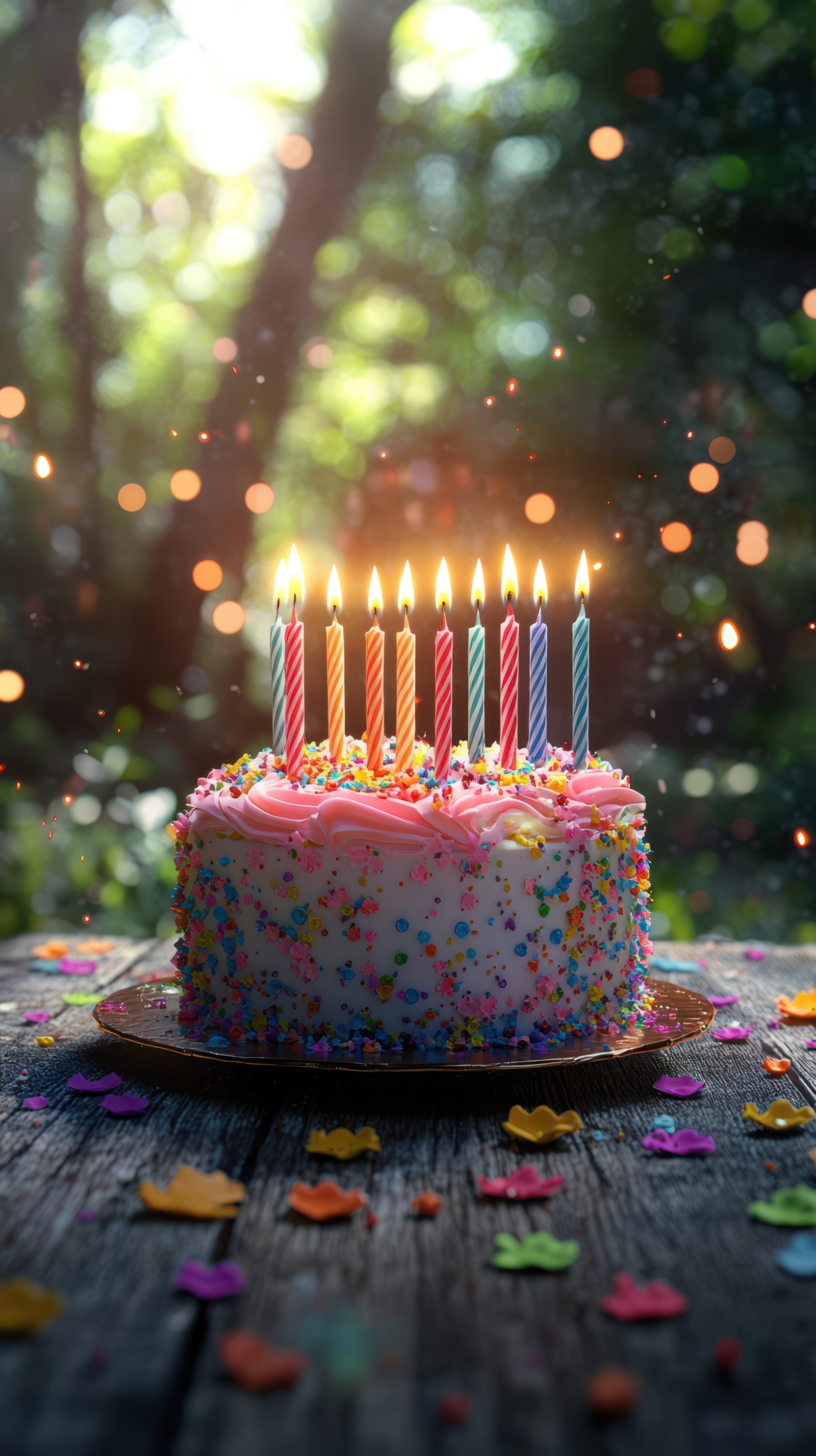 Colorful birthday cake with candles glowing in a wooded setting during evening celebration